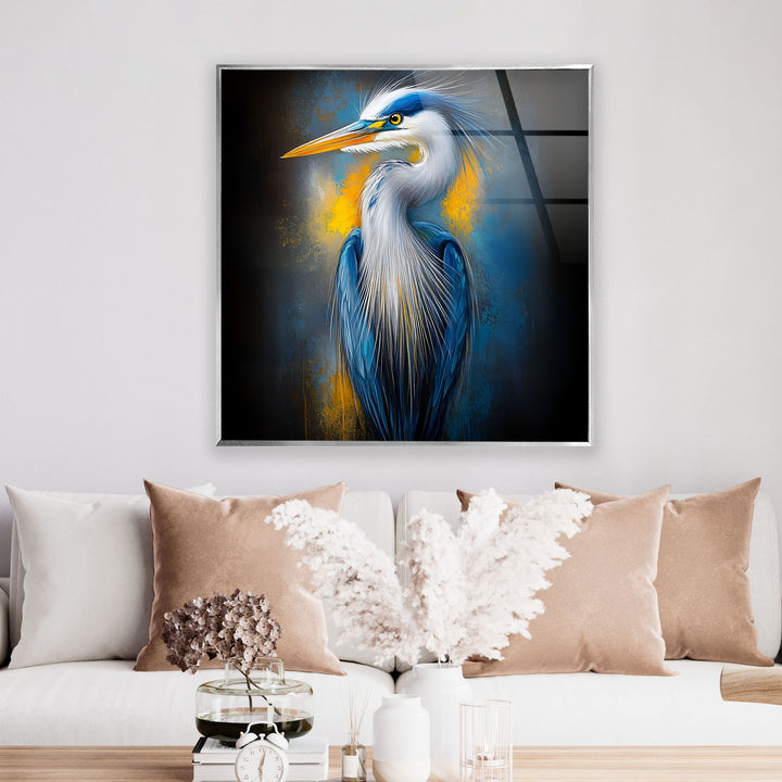 Electric Blue Heron – Auffallende Eleganz als Wanddekoration aus Glas