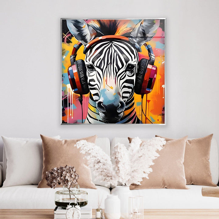 Zebra with Headphones Glass Wall Art photo print on glass, prints on glass wall art
