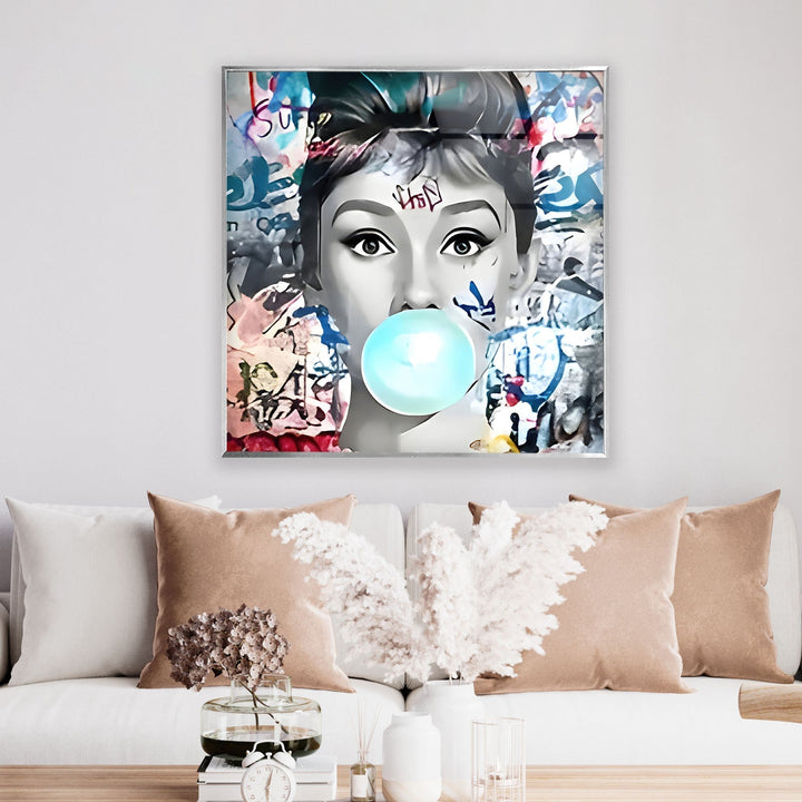 Pop Art Woman With Gum Glass Wall Art glass wall decor, glass wall art decor
