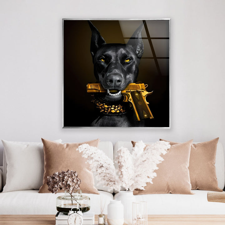 Doberman with Golden Gun Glass Wall Art glass pictures for Wall, glass prints wall art
