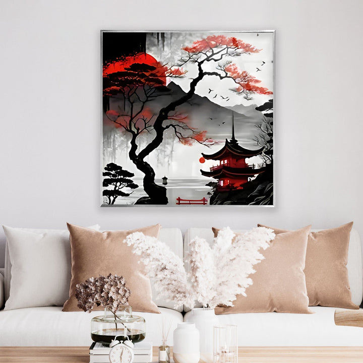 Red Moon Japan Art Glass Wall Art custom glass pictures, glass art prints
