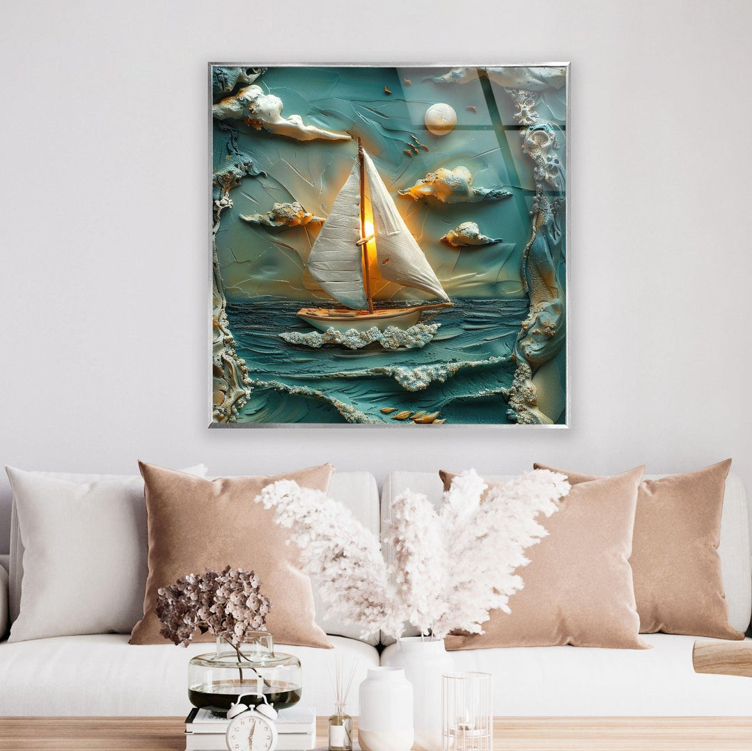 Boat & Sunset Landscape Clay Art Glass Wall Art glass wall decor, glass wall art decor
