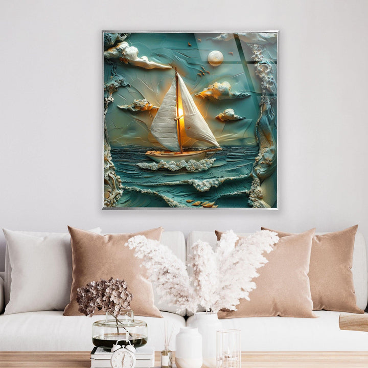 Boat & Sunset Landscape Clay Art Glass Wall Art glass wall decor, glass wall art decor
