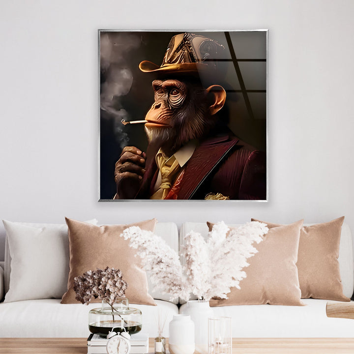 Old Monkey Smoking Glass Wall Art custom glass pictures, glass art prints
