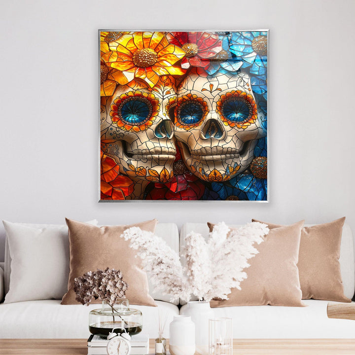 Orangefarbener und blauer Totenkopf-Wandschmuck aus Glas