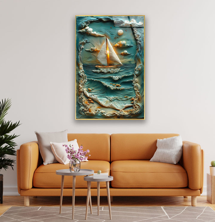 Boat & Sunset Landscape Clay Art Glass Wall Art print picture on glass, Tempered Glass Wall Art
