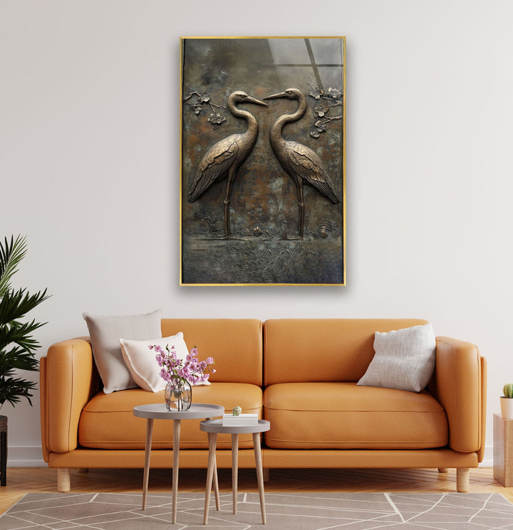 Eternal Pair – Bronze Crane Relief Glass Wall Art