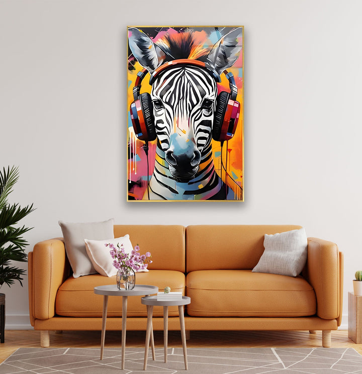 Zebra with Headphones Glass Wall Art custom glass pictures, glass art prints
