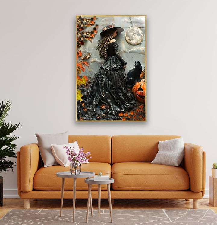 Black Princess & Cat Glass Wall Art photo print on glass, prints on glass wall art
