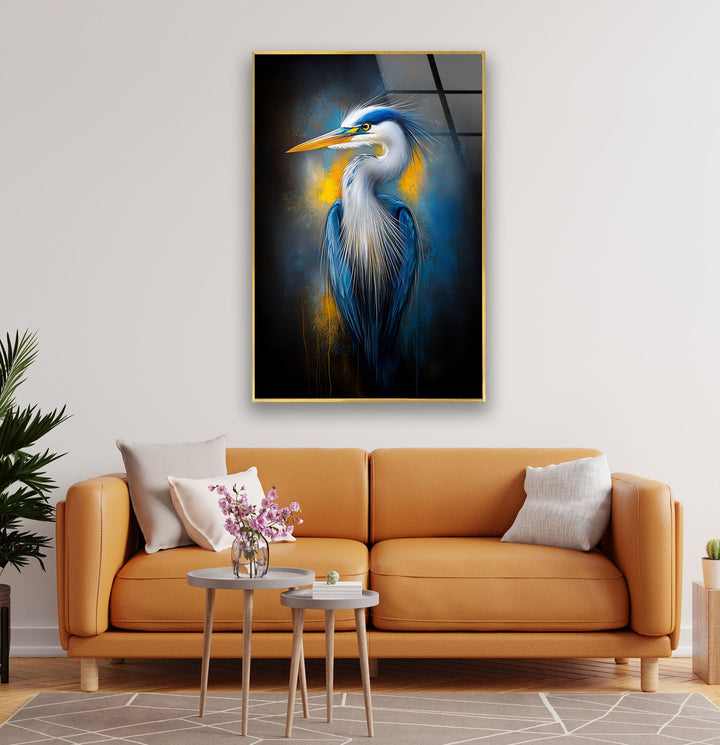 Electric Blue Heron – Auffallende Eleganz als Wanddekoration aus Glas