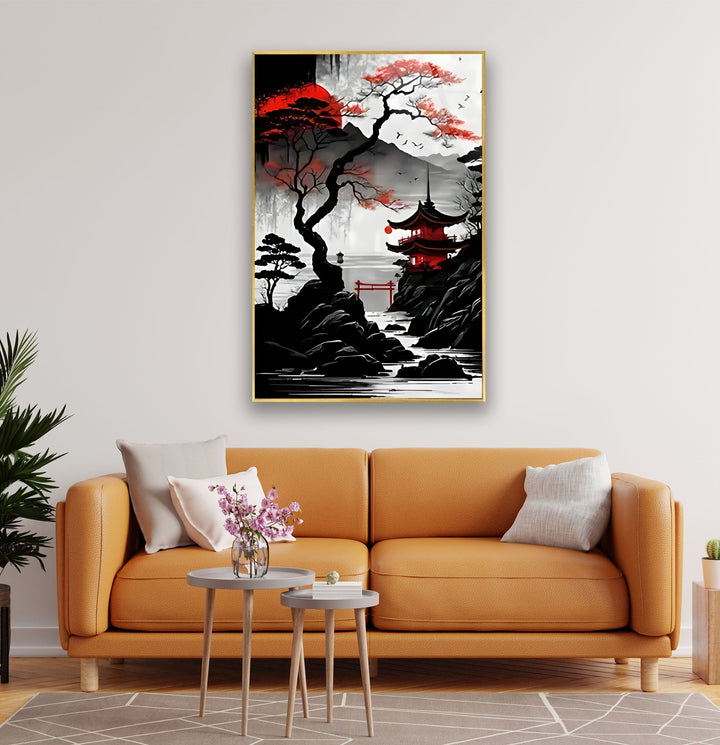 Red Moon Japan Art Glass Wall Art glass pictures for Wall, glass prints wall art
