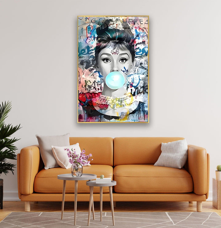 Pop Art Woman With Gum Glass Wall Art print picture on glass, Tempered Glass Wall Art
