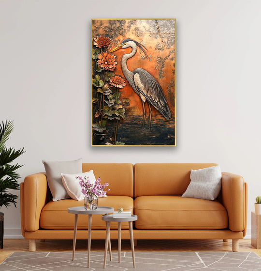 Bronze Heron with Chrysanthemums – Textured Glass Wall Art - MyPhotoStation