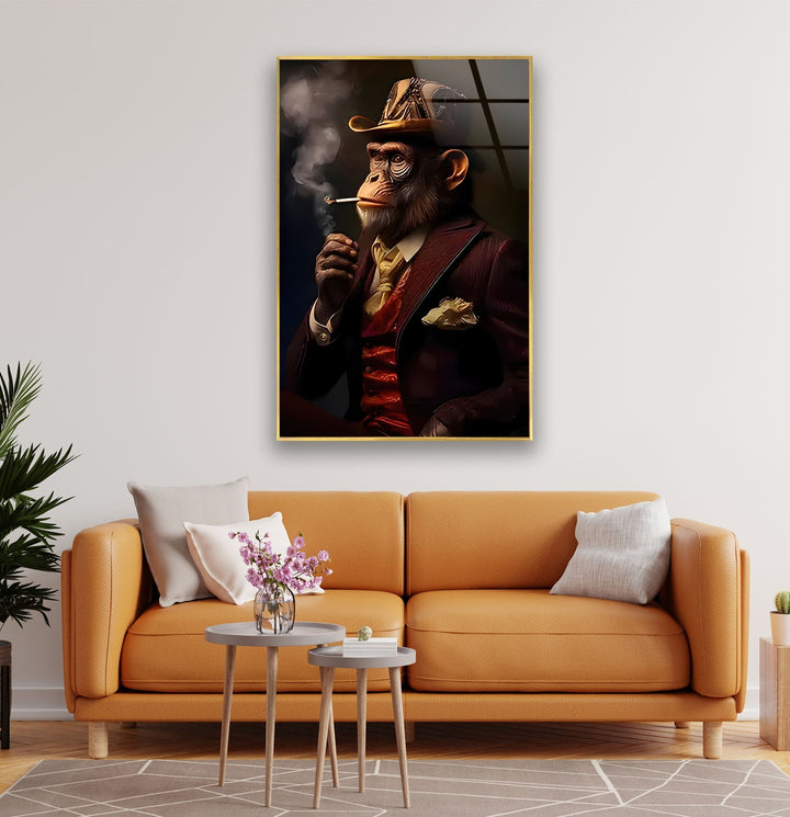 Old Monkey Smoking Glass Wall Art glass pictures for Wall, glass prints wall art
