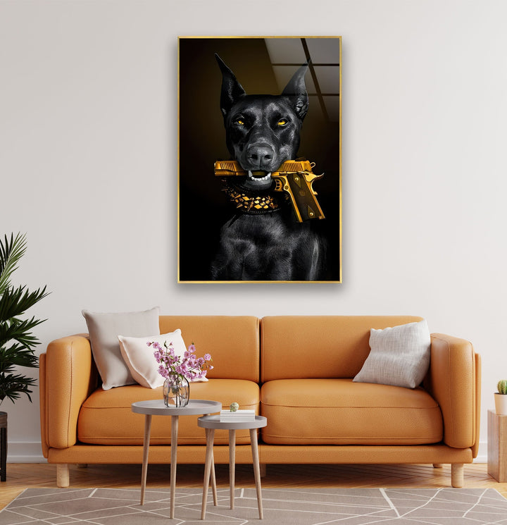 Doberman with Golden Gun Glass Wall Art glass image printing, glass prints from photos
