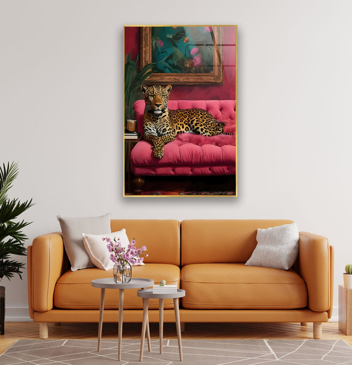 Leopar Sitting on Pink Seat Glass Wall Art custom glass photo prints, large glass prints
