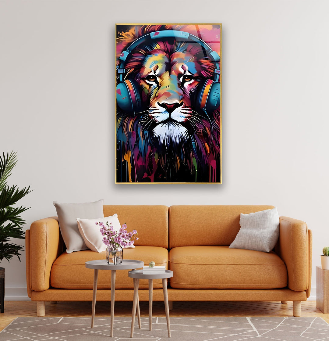 Lion with Headphones Glass Wall Art glass image printing, glass prints from photos
