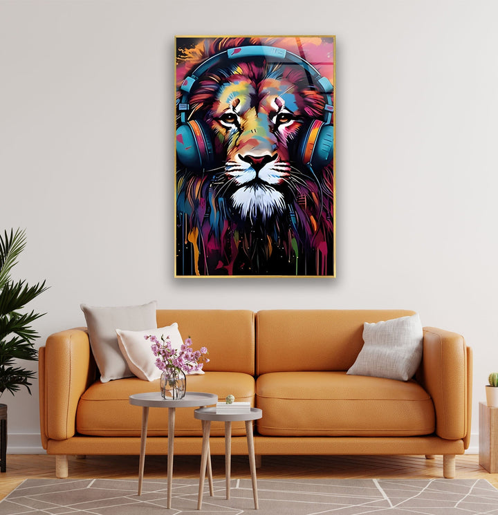 Lion with Headphones Glass Wall Art glass image printing, glass prints from photos
