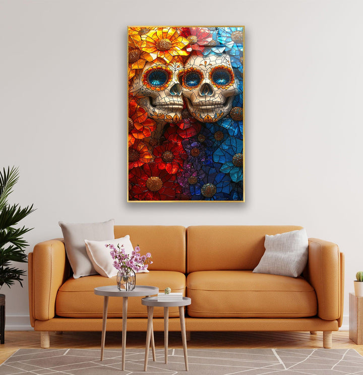 Orangefarbener und blauer Totenkopf-Wandschmuck aus Glas