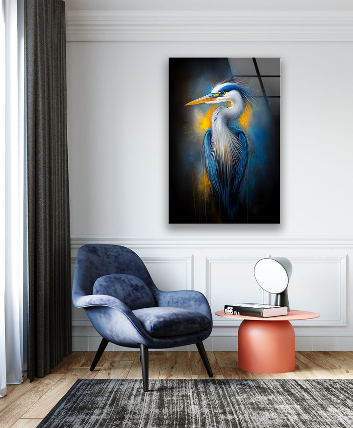 Electric Blue Heron – Auffallende Eleganz als Wanddekoration aus Glas