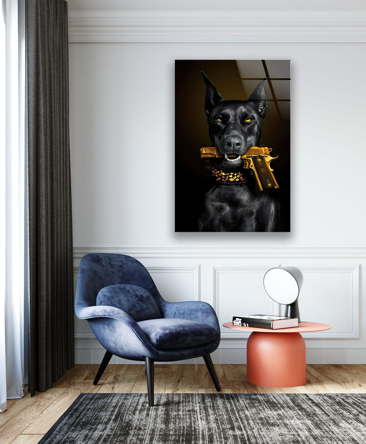 Doberman with Golden Gun Glass Wall Art glass photo prints, glass picture prints
