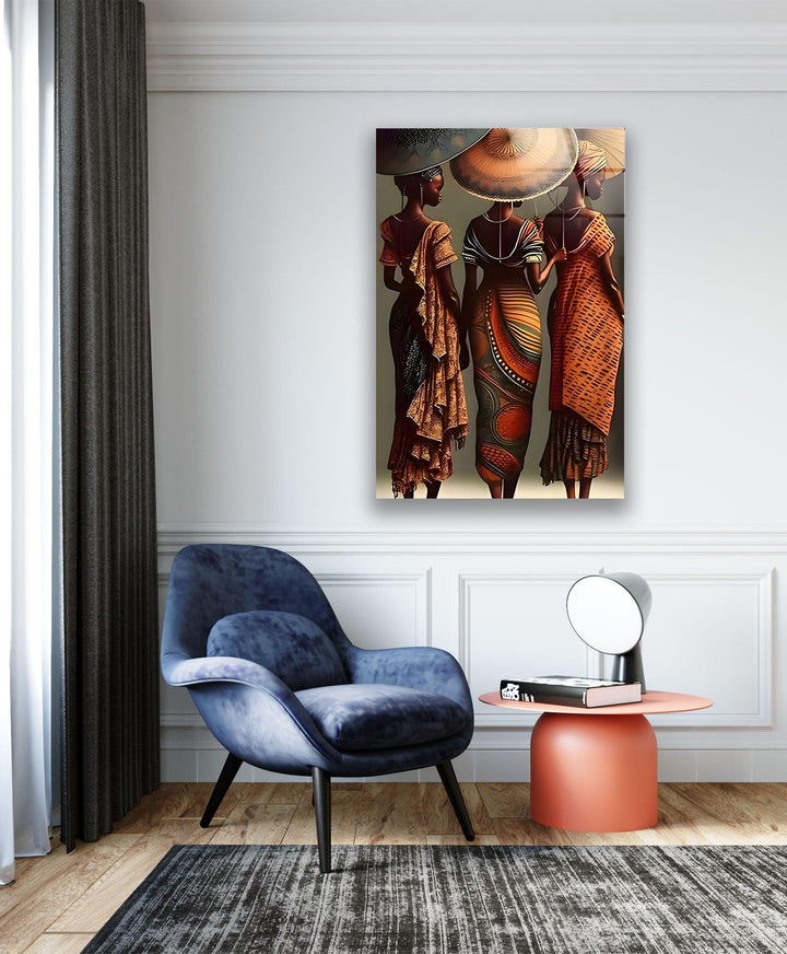 African Womans with Umbrella Glass Wall Art custom glass pictures, glass art prints
