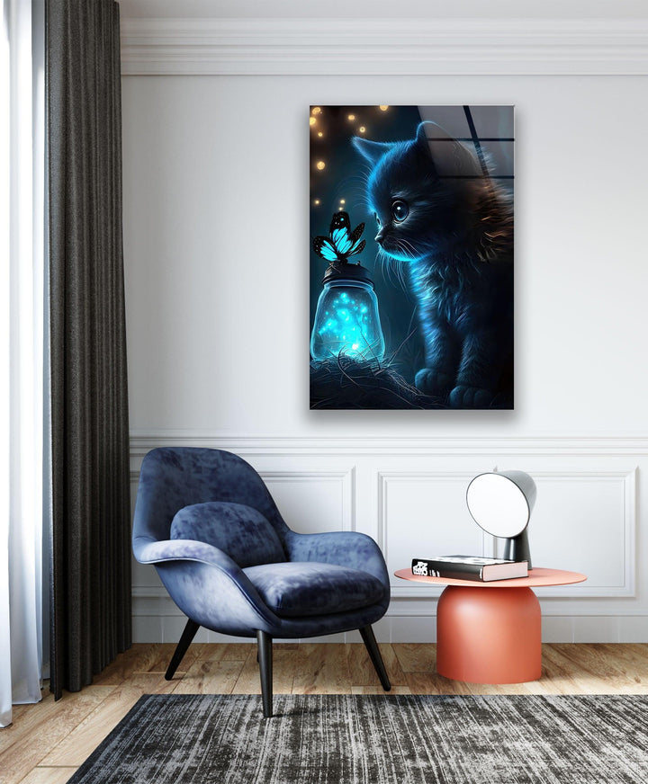 Butterfly & Cat Glass Wall Art custom glass pictures, glass art prints
