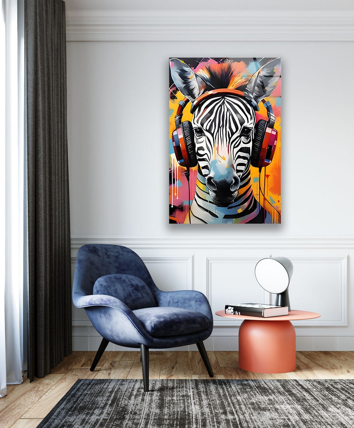 Zebra with Headphones Glass Wall Art glass pictures for Wall, glass prints wall art
