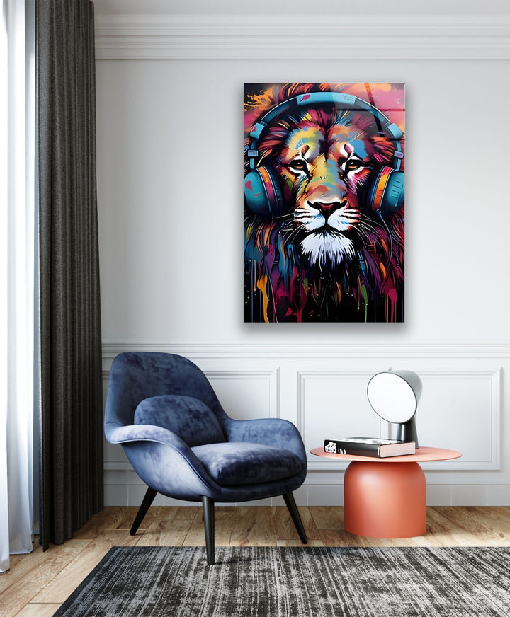 Lion with Headphones Glass Wall Art glass photo prints, glass picture prints
