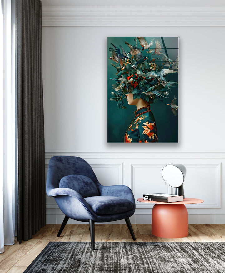 Bird Head Woman Glass Wall Art Glass Printing Wall Art, Print photos on glass
