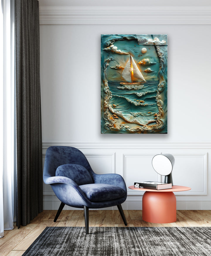 Boat & Sunset Landscape Clay Art Glass Wall Art print on glass, glass printed photos
