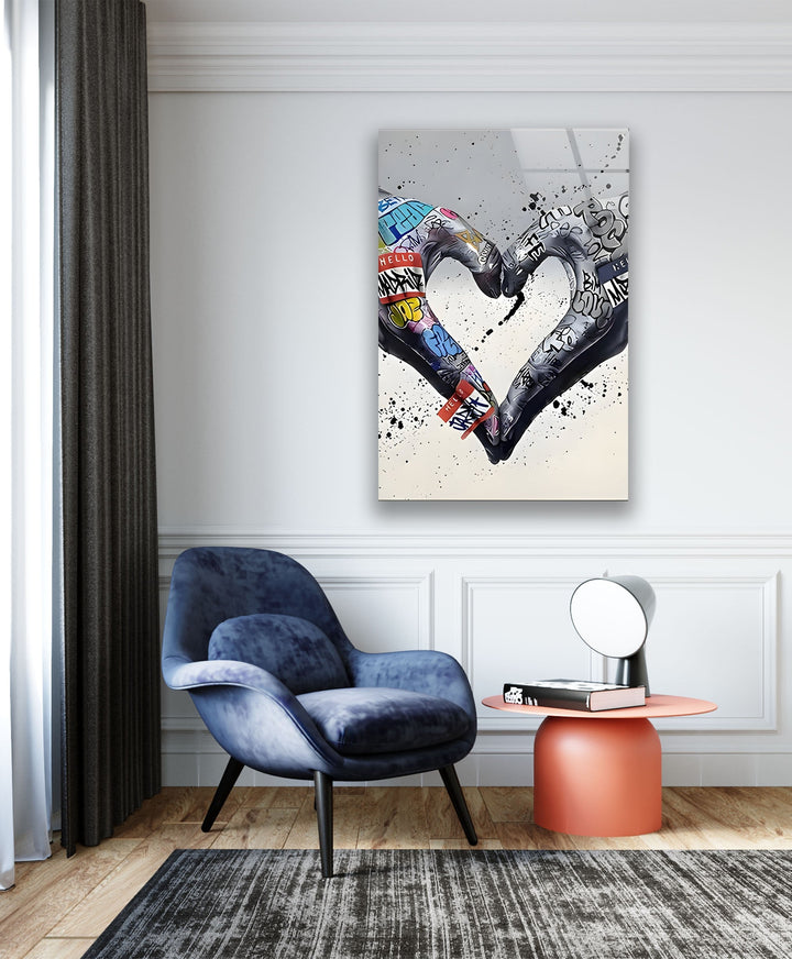 Graffiti Heart Black and White Glass Wall Art glass art painting, glass art for the Wall
