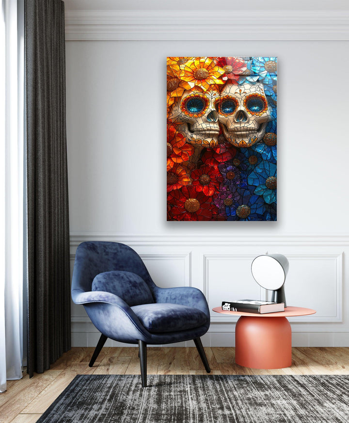 Orangefarbener und blauer Totenkopf-Wandschmuck aus Glas