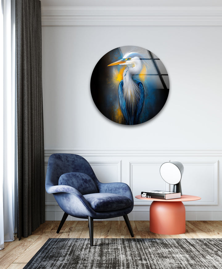 Electric Blue Heron – Auffallende Eleganz als Wanddekoration aus Glas