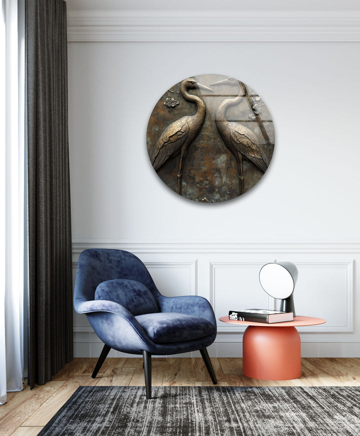 Eternal Pair – Bronze Crane Relief Glass Wall Art