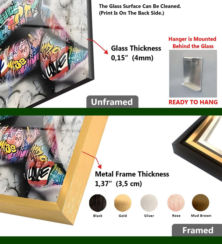 Graffiti-Lippen, Schwarz-Weiß-Wandkunst aus Glas