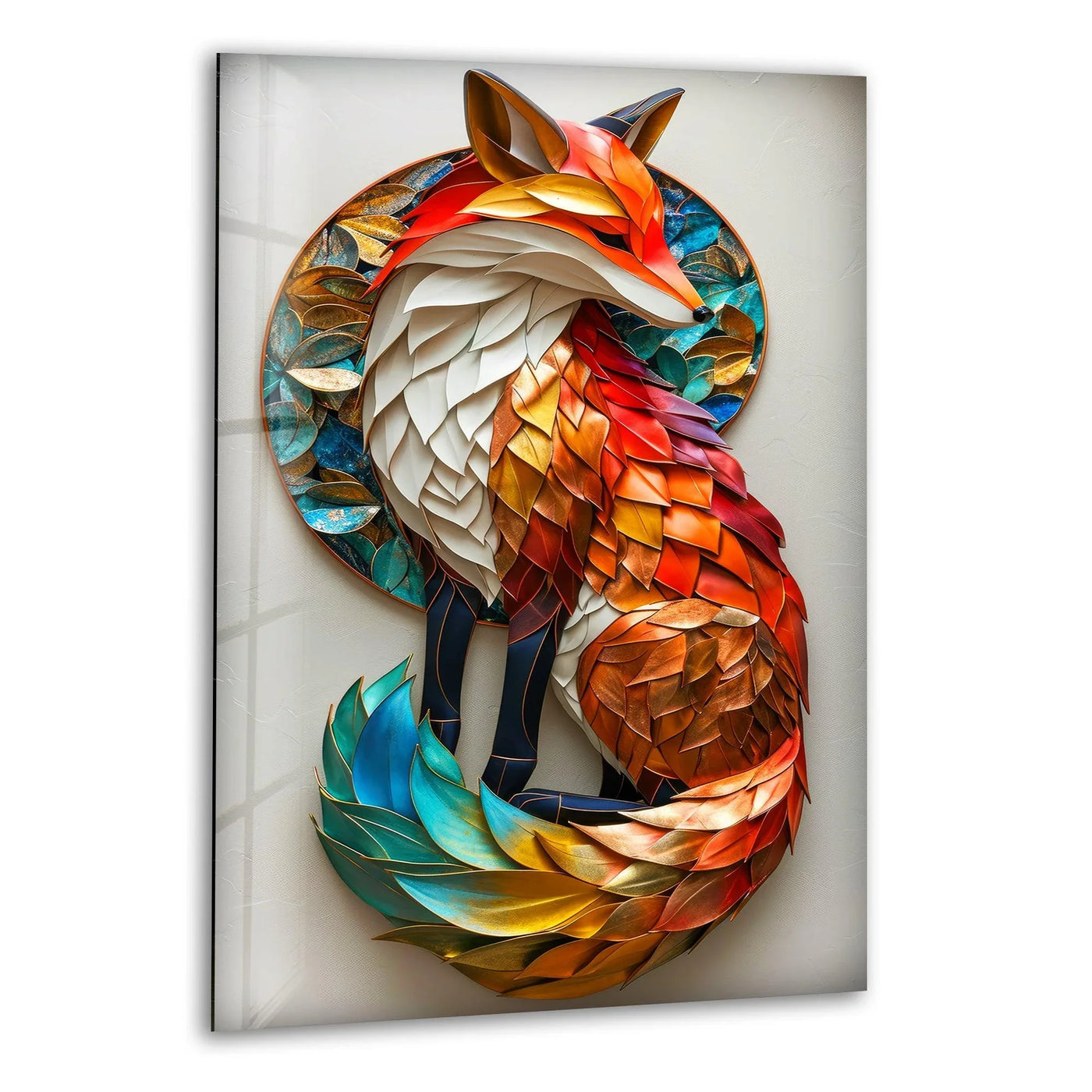 Textured glass wall art decor features layered, multi-colored fox segments with a shimmering metallic finish.