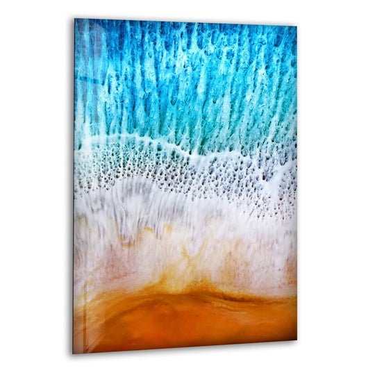 Illustrating the layering effect, vibrant turquoise tones cascade over white surf and golden sands in this captivating ocean wave abstract best glass art.