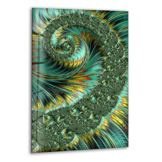 Abstract decorative wall art showcases a vibrant jade and yellow fractal spiral with radiating lines against a dark background.