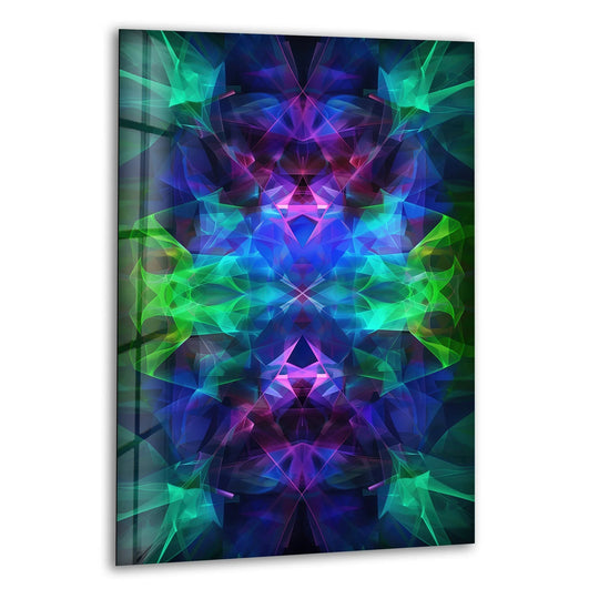 Stillness emanates from this captivating glass wall art decor, featuring a symmetrical neon kaleidoscope of blues and greens.