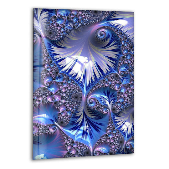 This vertical rectangular art from glass displays a mesmerizing fractal swirl in shades of blue, purple, and white.