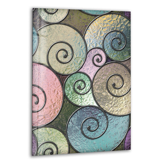 Layered stained geometric spirals on this hanging wall art create a dynamic mosaic effect.