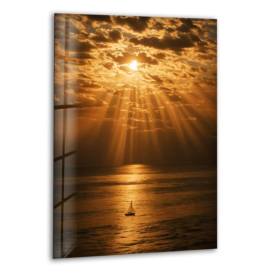 Serene Golden Sailing Sunset - A peaceful coastal scene with warm golden hues and a sailboat on the horizon.
