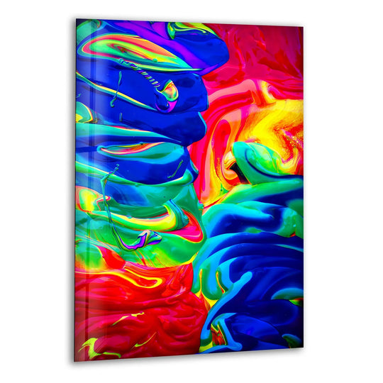 This vivid glass wall artwork showcases a multicolored paint drippings abstract design with clean, reflective edges.