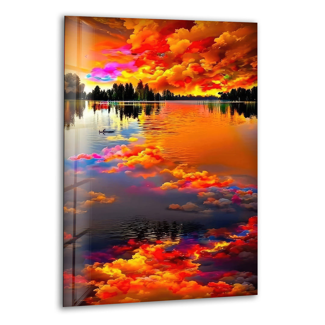 A breathtaking glass wall art featuring a vibrant sunset reflecting over a tranquil lake.
