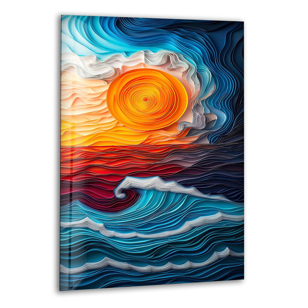 Glass wall art featuring a mesmerizing abstract ocean waves and sunset design.
