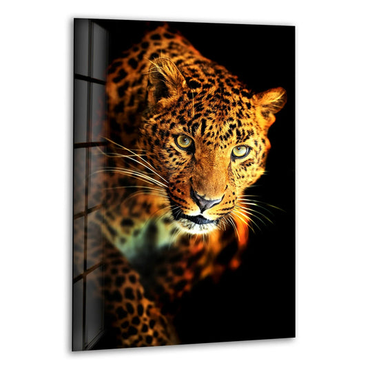 Portrait of a leopard with soft whiskers and fur on art from glass.