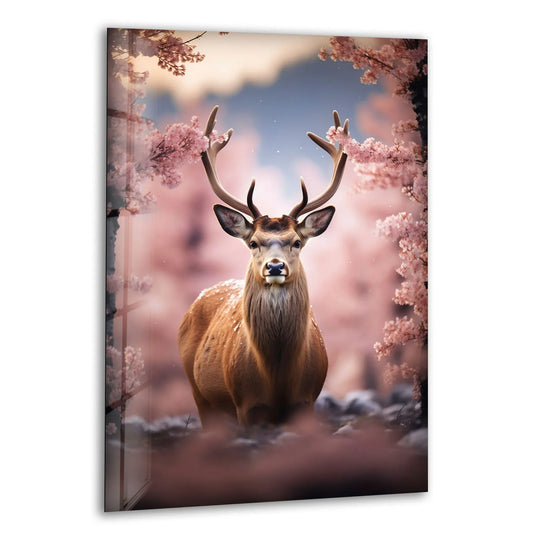 A serene deer stands amidst a bloom of pink cherry blossoms, creating a tranquil scene as part of this best glass art.