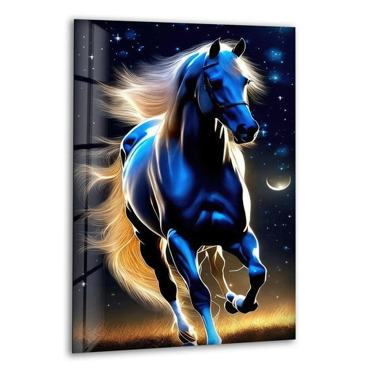 Animal glass wall art blue and black with night sky motif and horse art plus running horse decor