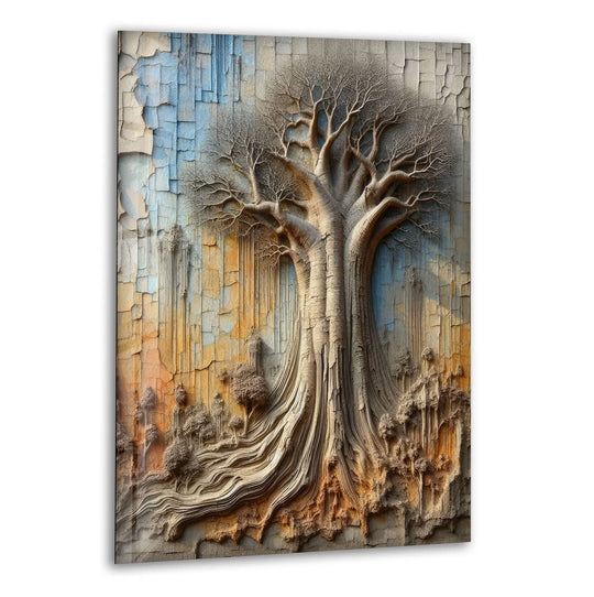 Focusing on negative space, this brown old tree glass wall art, a stunning piece of home decoration, presents a stark, textured backdrop that accentuates the skeletal branches of the ancient tree.